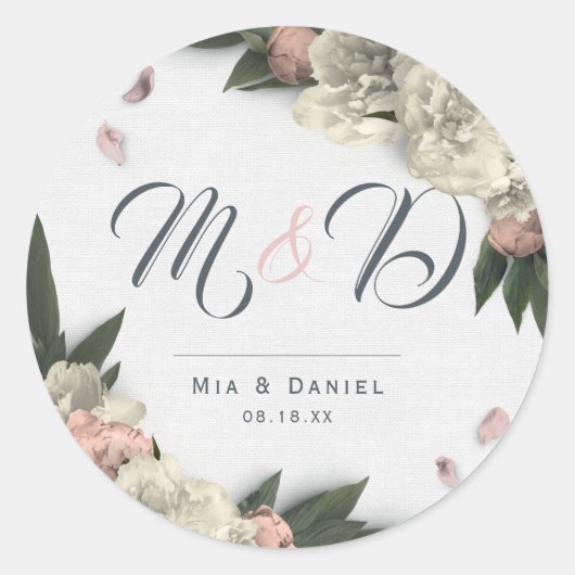 ロマンチックピーチアンドホワイトフローラ牡丹 ラウンドシール (正面)