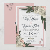 ロマンチックピーチアンドホワイトフローラ牡丹 招待状 (正面/裏面)