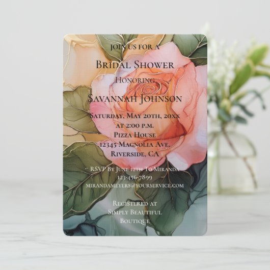 ロマンチックピーチバラフローラブライダルシャワー 招待状 (スタンド正面)