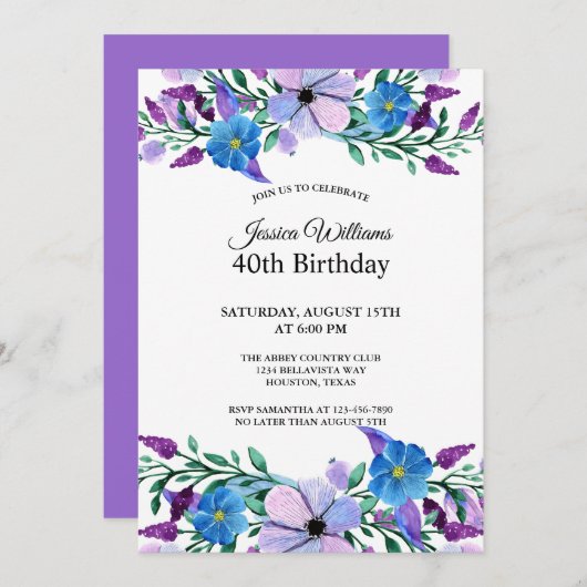ロマンチックフェミニンな混合フローラ40歳の誕生日 招待状 (正面/裏面)