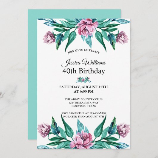 ロマンチックフェミニンフローラ40歳の誕生日 招待状 (正面/裏面)