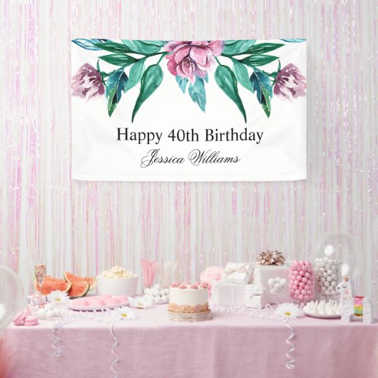 ロマンチックフェミニンフローラ40歳の誕生日 横断幕 (パーティー)