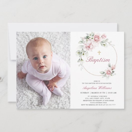 ロマンチックフォトバプティスガールフローラ金ゴールド招待状 招待状 (正面)