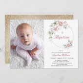 ロマンチックフォトバプティスガールフローラ金ゴールド招待状 招待状 (正面/裏面)
