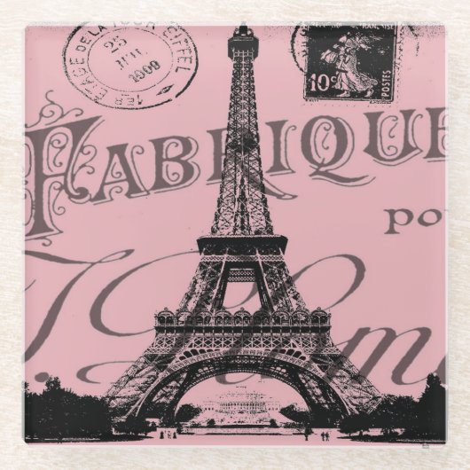 ロマンチックフランスのなピンクのヴィンテージパリスエッフェル塔 ガラスコースター (正面)