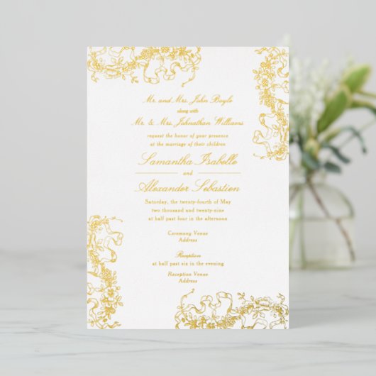 ロマンチックフランスのなフローラロココ両親結婚の 箔招待状 (立ち正面)