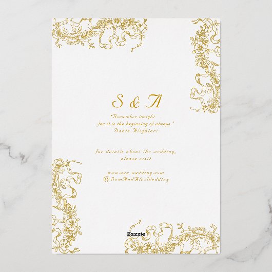 ロマンチックフランスのなフローラロココ両親結婚の 箔招待状 (裏面)