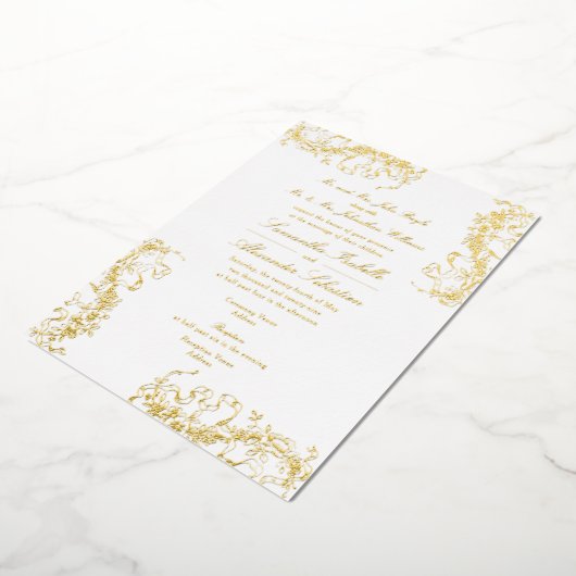 ロマンチックフランスのなフローラロココ両親結婚の 箔招待状 (回転した状態)