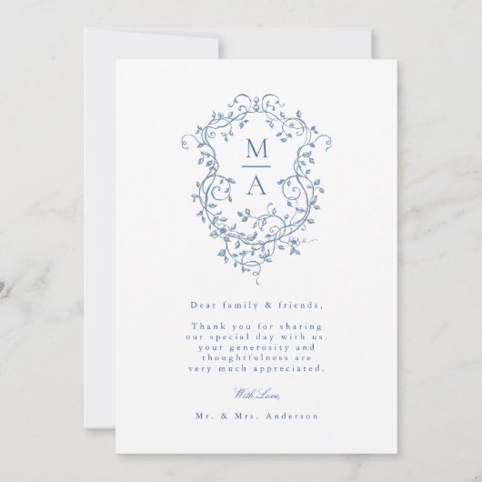 ロマンチックフランスのなブルーのフローラ結婚クレストの写真 サンキューカード (裏面)