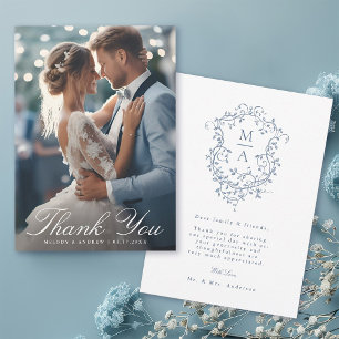ロマンチックフランスのなブルーのフローラ結婚クレストの写真 サンキューカード