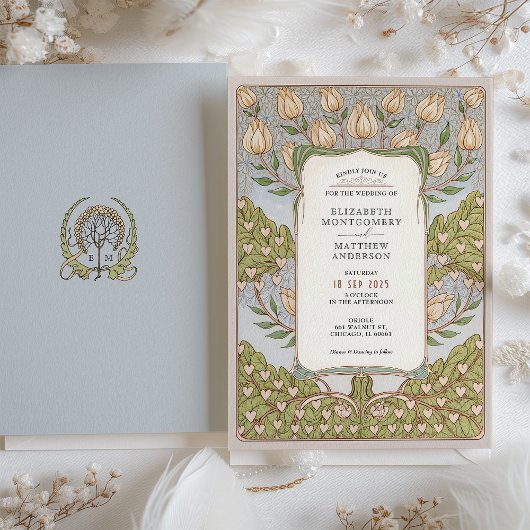 ロマンチックフローラつる植物結婚アールヌーボー 招待状