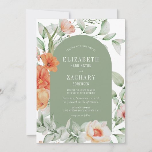 ロマンチックフローラアーチピーチセージ結婚グリーン 招待状 (正面)