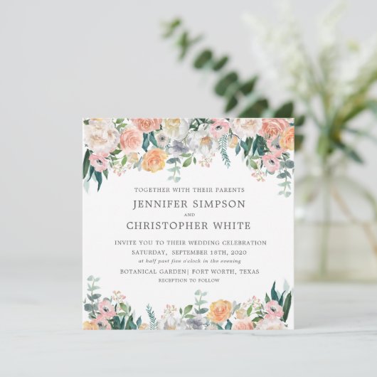 ロマンチックフローラスクエア結婚式招待状カード 招待状 (スタンド正面)