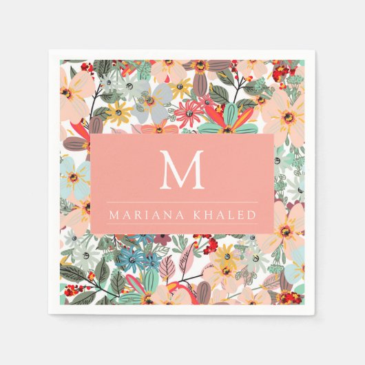ロマンチックフローラソフトピンクグリーンピーチクラシックー スタンダードカクテルナプキン (正面)