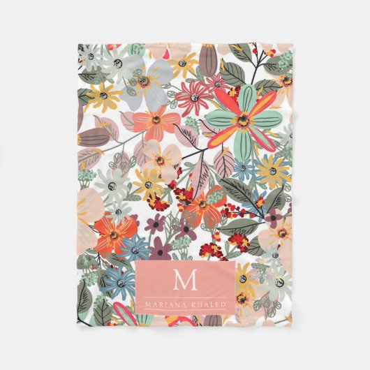 ロマンチックフローラソフトピンクグリーンピーチクラシックー フリースブランケット (正面)