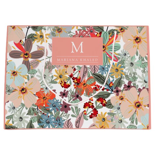 ロマンチックフローラソフトピンクグリーンピーチクラシックー ラージペーパーバッグ (正面)