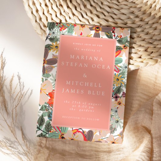 ロマンチックフローラソフトピンクグリーンピーチ招待状 ポストカード