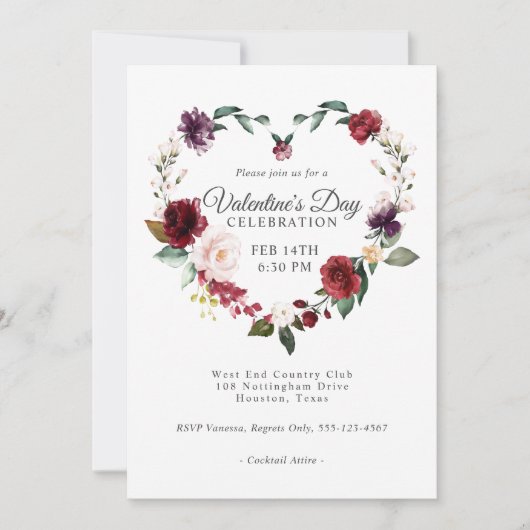 ロマンチックフローラハートバレンタインデーお祝い 招待状 (正面)