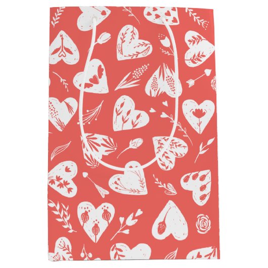 ロマンチックフローラバレンタインハートパターンサンゴ ミディアムペーパーバッグ (正面)