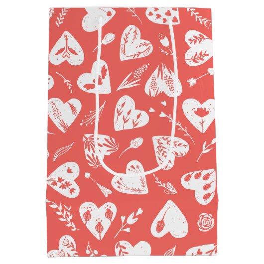 ロマンチックフローラバレンタインハートパターンサンゴ ミディアムペーパーバッグ (裏面)
