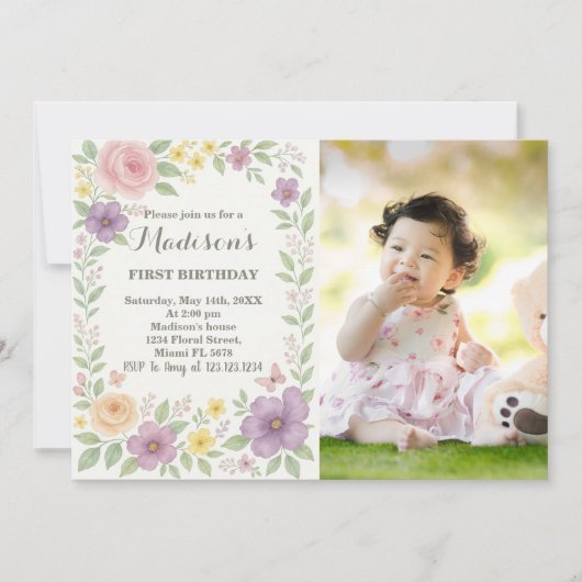 ロマンチックフローラファースト誕生日招待状 招待状 (正面)