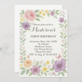 ロマンチックフローラファースト誕生日招待状 招待状 (正面/裏面)