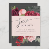 ロマンチックフローラブライダルブーケピンク&グレイ結婚ズ セーブザデート (正面/裏面)