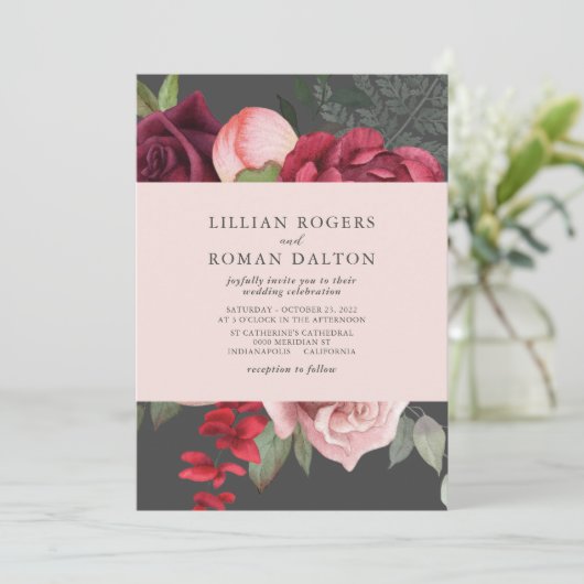 ロマンチックフローラブライダルブーケピンク&グレイ結婚ズ 招待状 (スタンド正面)