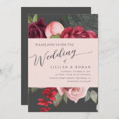 ロマンチックフローラブライダルブーケピンク&グレイ結婚ズ 招待状 (正面/裏面)