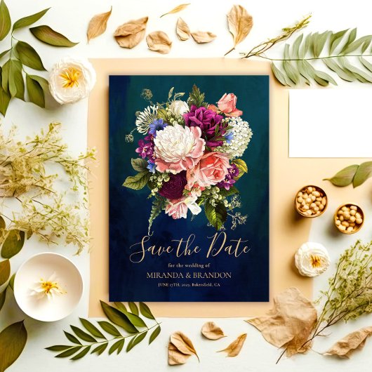 ロマンチックフローラブーケエメラルドグリーン結婚金ゴールド セーブザデート