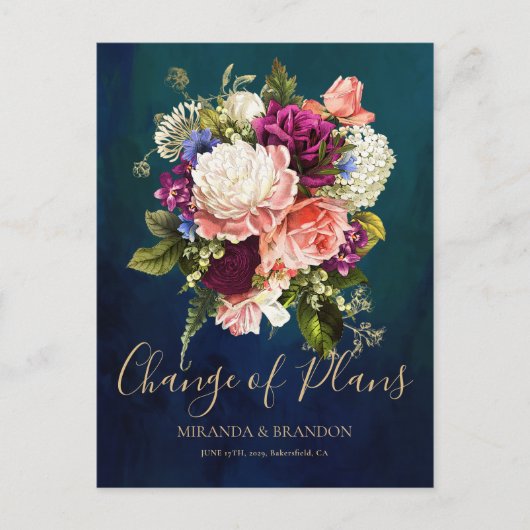 ロマンチックフローラブーケエメラルドグリーン結婚金ゴールド 案内ポストカード (正面)