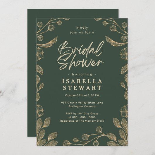 ロマンチックフローラボタニカルダークグリーンブライダルシャワー 招待状 (正面/裏面)