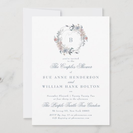 ロマンチックフローラモノグラムリースカップルのシャワー 招待状 (正面)