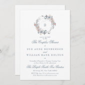 ロマンチックフローラモノグラムリースカップルのシャワー 招待状 (正面/裏面)