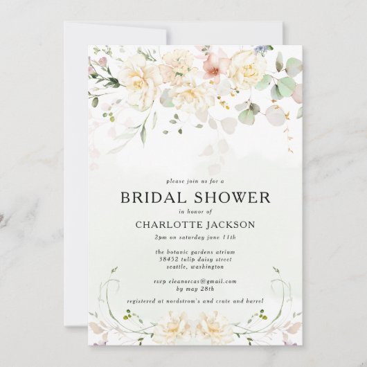 ロマンチックフローラワイルドフラワーガーデンブライダルシャワー 招待状 (正面)