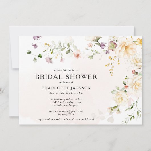 ロマンチックフローラワイルドフラワーボホブライダルシャワー 招待状 (正面)
