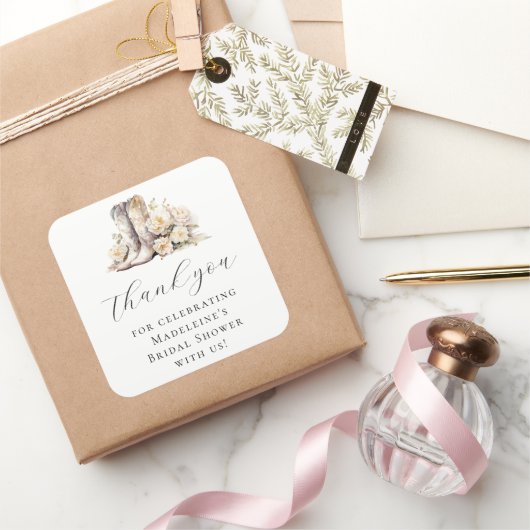 ロマンチックフローラ水彩女性のカーボーイブライダルシャワー スクエアシール (ギフト)