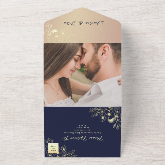 ロマンチックフローラ海軍と金ゴールド結婚ズ オールインワン招待状 (外側)