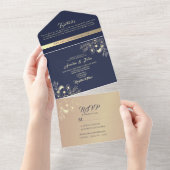 ロマンチックフローラ海軍と金ゴールド結婚ズ オールインワン招待状 (貼ってはがせる)