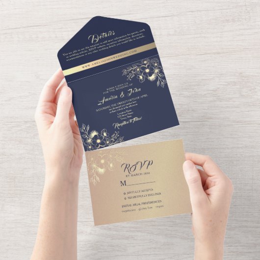 ロマンチックフローラ海軍と金ゴールド結婚ズ オールインワン招待状 (貼ってはがせる)