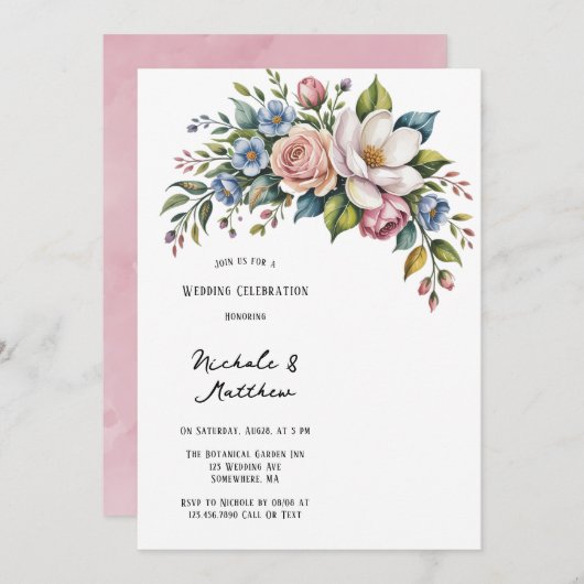 ロマンチックフローラ結婚ブーケお祝い 招待状 (正面/裏面)