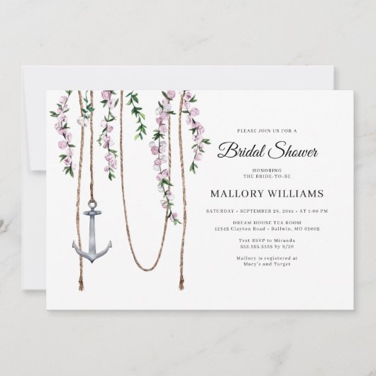 ロマンチックフローラ航海のいかりブライダルシャワー 招待状 (正面)