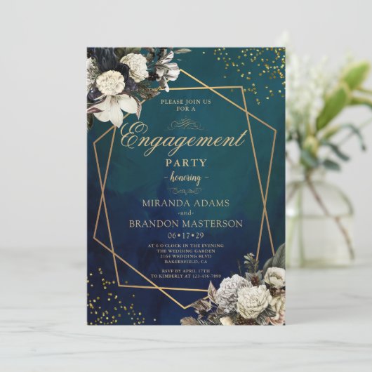 ロマンチックフローラ金ゴールドリース婚約パーティ 招待状 (スタンド正面)