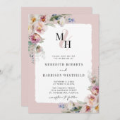 ロマンチックフローラQRコードモノグラム結婚ズ 招待状 (正面/裏面)