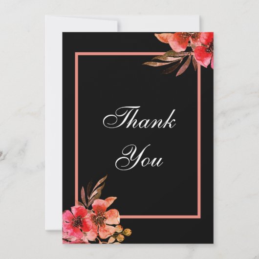 ロマンチックブラックオレンジピーチフローラ結婚スクリプト サンキューカード (正面)