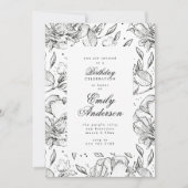 ロマンチックブラックフローラエレガント誕生日招待状 招待状 (正面)