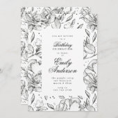 ロマンチックブラックフローラエレガント誕生日招待状 招待状 (正面/裏面)