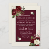 ロマンチックブルガンディシャンパンホワイト結婚フローラ 招待状 (正面/裏面)