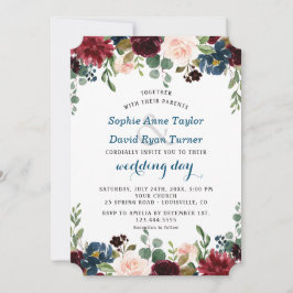 ロマンチックブルガンディネイビーブルー赤面結婚フローラ 招待状