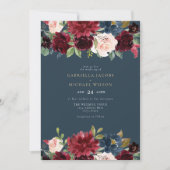 ロマンチックブルガンディネイビー赤面フローラ庭園の結婚式 招待状 (正面)